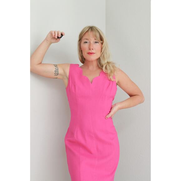 1990's Vintage Moda Int'l Scalloped Linen Cocktail Dress Women's MD 8 10 Sheath - Picture 2 of 10